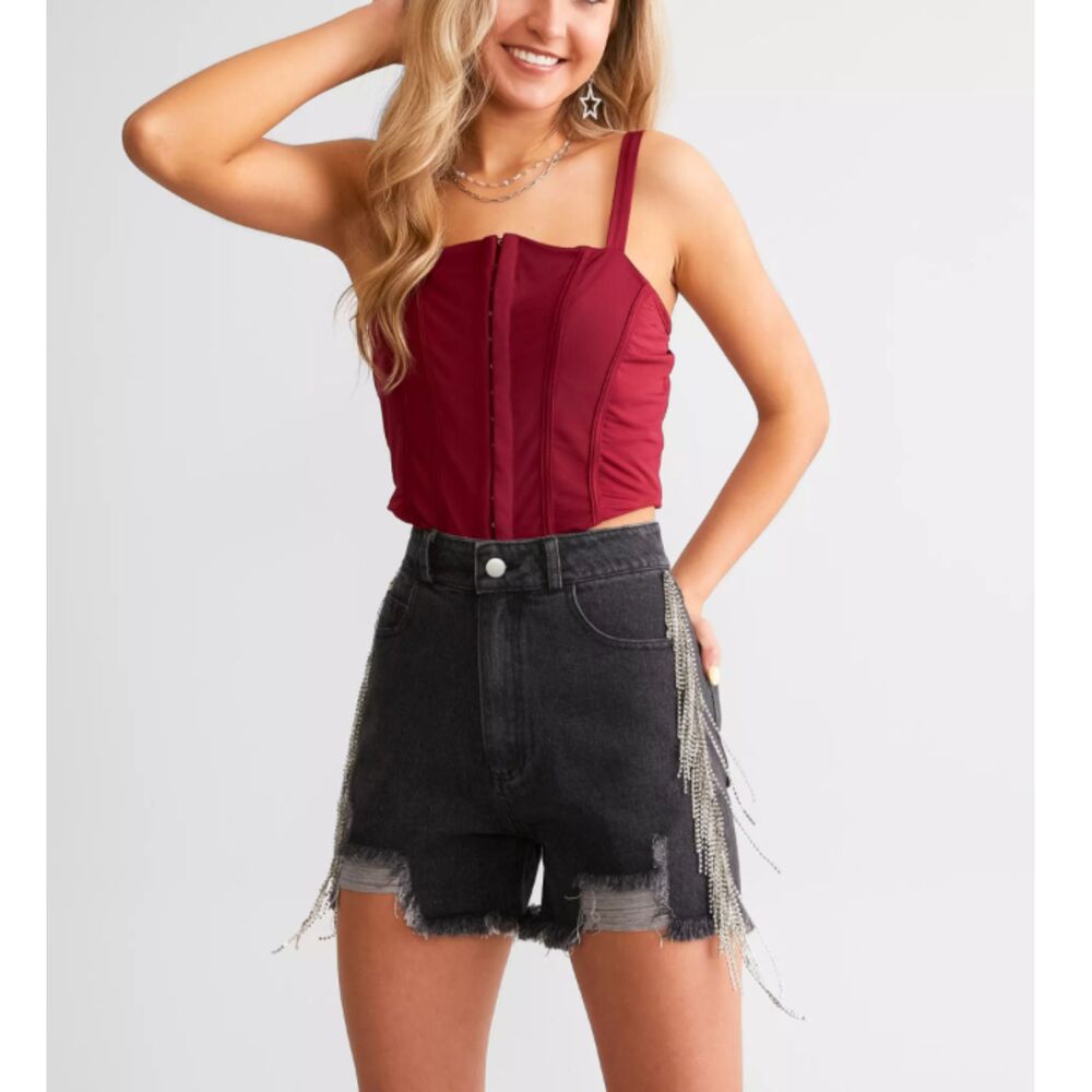 NWT Blue B Rhinestone Fringe Denim Shorts Large Dark Wash Distressed Western